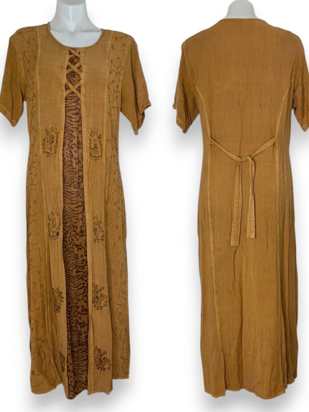 VTG Tan Floral Embroidered Tiered Short Sleeve Flowy Lattice Maxi Dress Boho